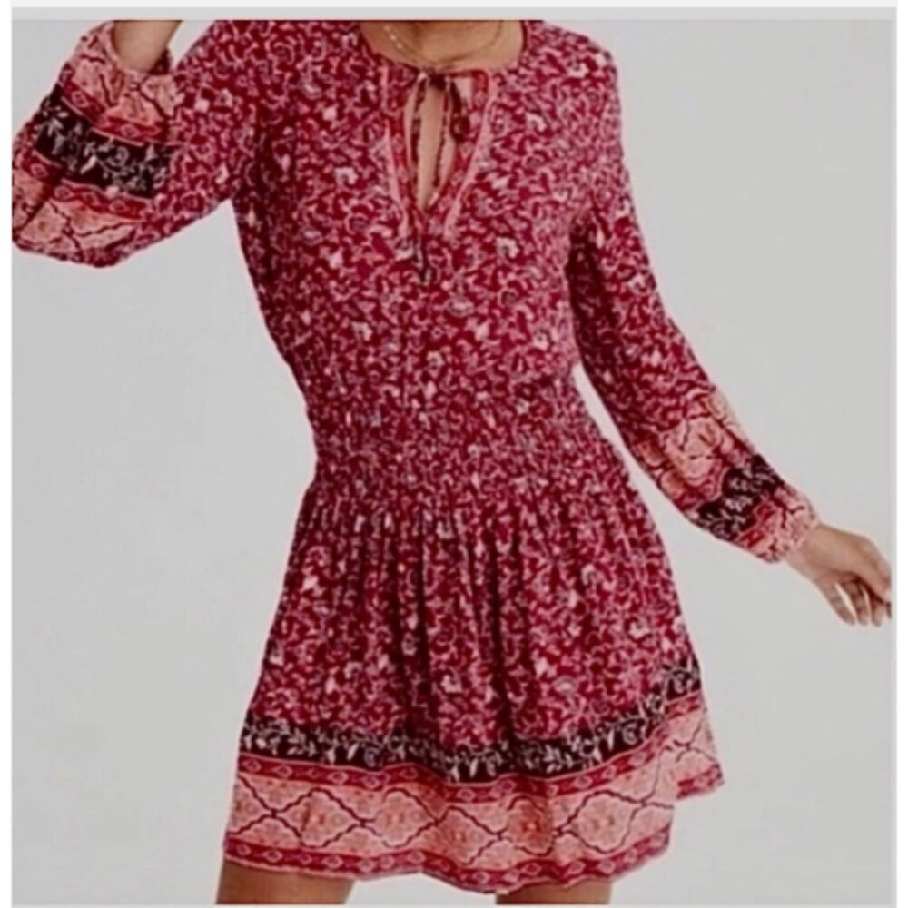 American Eagle Dress M Floral Bohemian Tie Neck Long Sleeve Mini Boho Flowy